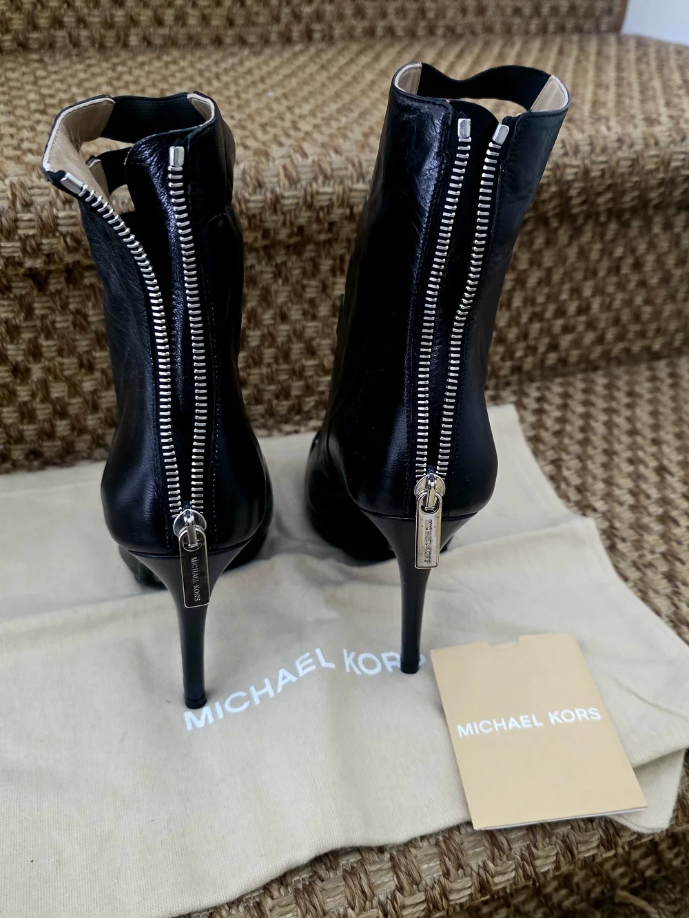 Michael Kors Black Strappy Peep-Toe Leather Ankle Booties. NWT.